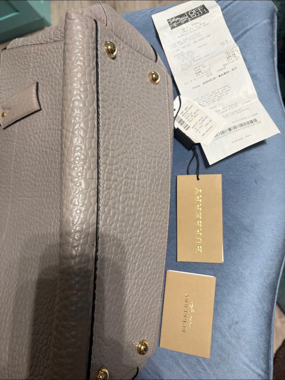 Burberry Pale Gray Pebble Leather Tote with Gold Hardware 17”X11” - Picture 7 of 16